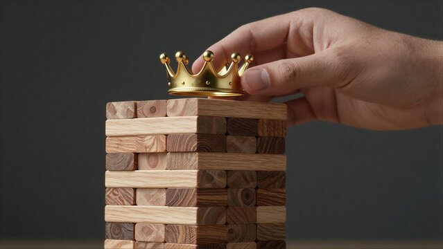 Hand places golden crown atop precarious wooden block tower, symbolizing power and risk.