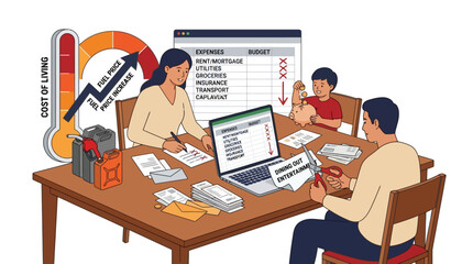 Fototapeta premium Family Managing Household Budget and Cutting Costs During Rising Cost of Living Crisis and Inflation EPS Editable. Vector Illustrations.