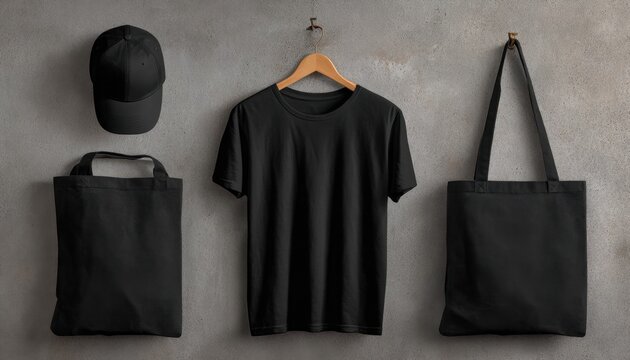 Black apparel set including baseball cap, t-shirt, tote bags against gray wall