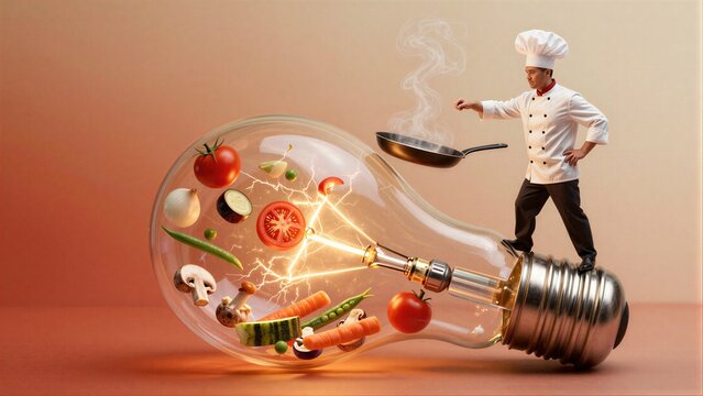 Chef cooks inside glowing bulb with vibrant vegetables and lightning sparks.