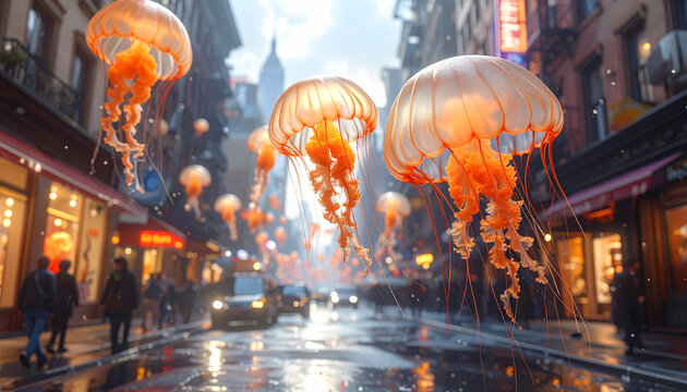 Jellyfish street scene surreal urban artwork