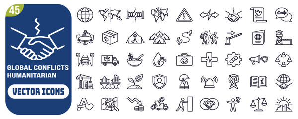Fototapeta premium Global Conflicts web icons in line style. War, nation, war, country, conflict, military, soldier, tank, bomb, crisis, immigration, migrant, help, collection. Editable stroke. Vector illustration.
