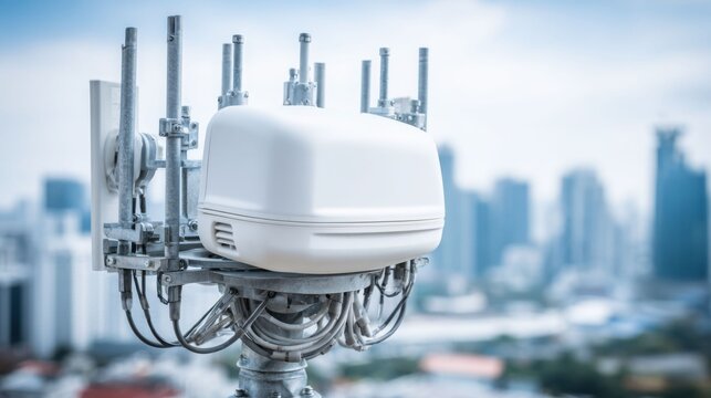 Modern telecommunications antenna array with urban cityscape in the background, representing advanced wireless connectivity.