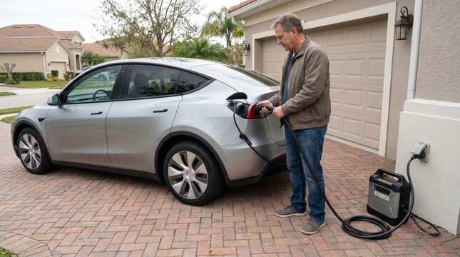 Man charging electric vehicle, EV car plugged into charger, silver auto on residential driveway