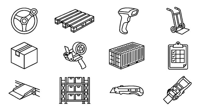 Set of logistic and warehouse icons in thin line style.