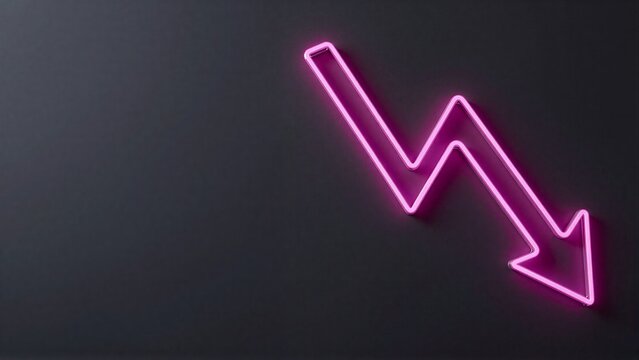 Pink neon arrow pointing down on dark background, symbolizing decline or decrease.