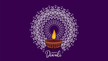 Happy Diwali greeting card with traditional oil lamp diya on purple background with mandala pattern © Hammad