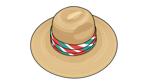 Straw sun hat with striped ribbon band for summer beach fashion accessory illustration isolated on white background