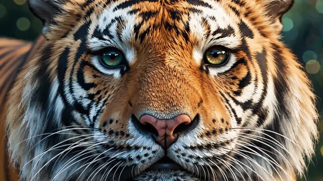 Close up head portrait of a majestic tiger looking directly at the camera with intense golden eyes showing detailed fur patterns and whiskers