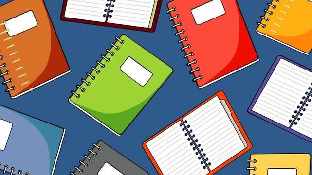 Bright seamless pattern of colorful spiral notebooks and open lined pages on a blue background. Ideal for education, stationery, school, study, writing, and back to school footage.
