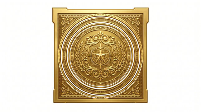 Golden ornate square plaque, embossed metal seal, luxury decorative element, shiny gold stamp