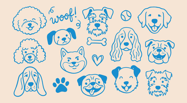 Cute dog faces breeds doodles set with bone paw print and woof text outline vector illustration