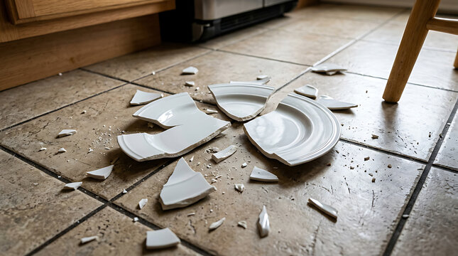 Broken Dish on Kitchen Floor: Household Accident, Damaged Plate Shards, Kitchen Safety Hazard, Cleaning Up Mess