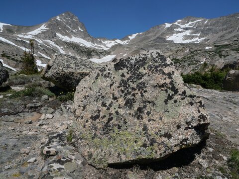 Lichen-covered granite boulders near Blue Lake in the Indian Peaks Wilderness, Colorado Rocky Mountains
