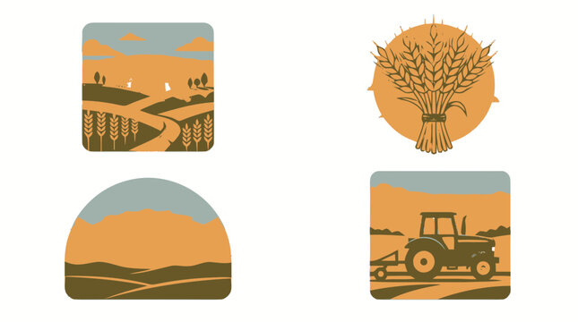 Farm Icons: Wheat Fields, Tractor, Haystack, and Harvest Symbols