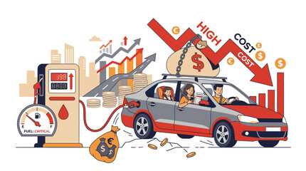 Fototapeta premium Vector illustration of family in car facing high fuel prices and inflation costs at gas station. EPS Editable