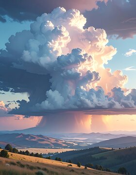 Dramatic Landscape with Cumulus Clouds Sunset.