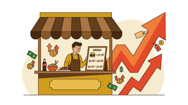 Vector illustration of food stall owner facing rising prices and inflation. EPS Editable