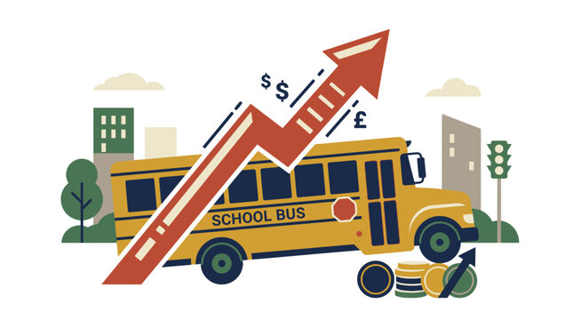 Yellow school bus with rising red arrow and coins representing increasing education costs. EPS Editable