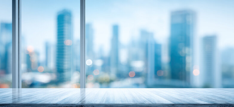 A blurred cityscape view from an empty room showcasing modern buildings in the background, capturing an urban outlook.