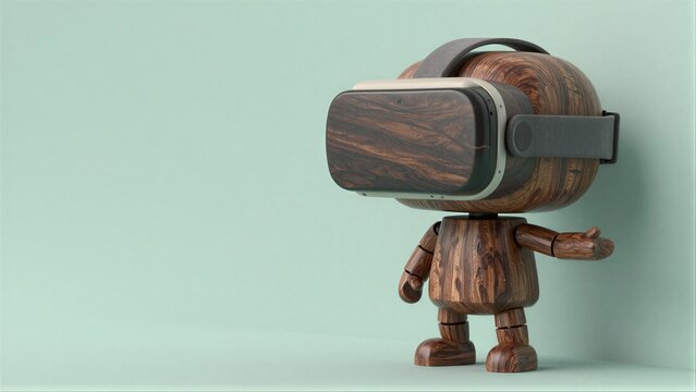Wooden robot wearing VR headset, standing against mint green background.