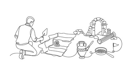 Archaeologist excavating ancient ruins, uncovering fossils and artifacts, historical discovery © Azizi
