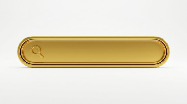 Golden search bar icon, shiny metal button, magnifying glass symbol, web navigation element