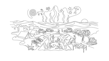 Obraz premium Archaeological Dig Site Expedition with Tents, Vehicles, and Excavation Equipment