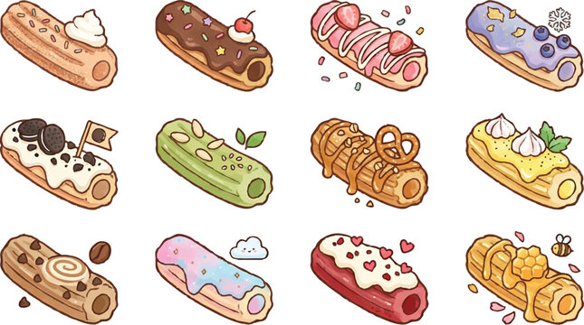 Variety of sweet colorful eclairs desserts.