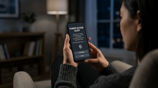 Woman holding smartphone with amber alert notification at home during night.