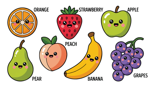 A colorful illustration of various fruits with smiling faces