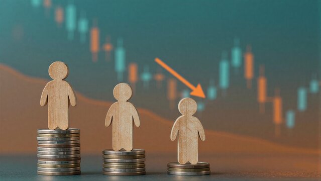 Three wooden figures stand on decreasing coin piles, symbolizing economic decline.
