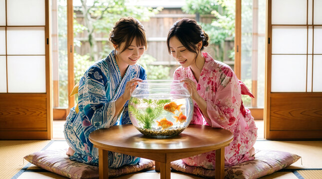 和室のテーブルに置かれた金魚鉢を笑顔で見つめる浴衣を着た女性たち