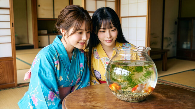 和室のテーブルに置かれた金魚鉢を笑顔で見つめる浴衣を着た女性たち