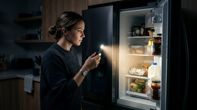 Young woman using flashlight to look inside refrigerator during power outage at night.