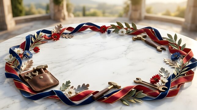 Labor Day concept with patriotic ribbon, tools, and flowers