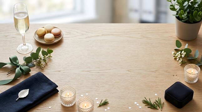 Celebration table setting with champagne and macarons