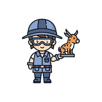 Cartoon zookeeper holding a giraffe.