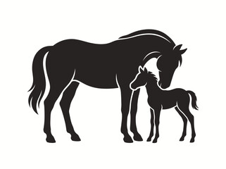 Obraz premium Black horse and foal silhouette illustration isolated on white background representing motherly love and equine nature