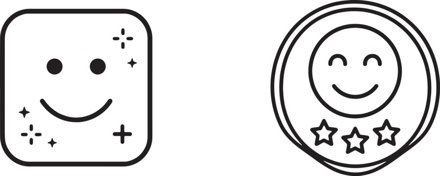 Art & Illustration, Customer satisfaction feedback smile and five star rating badge line icon set. User experience client service quality review system.