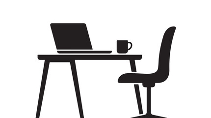 Fototapeta premium Minimalist Workspace Silhouette with Desk Laptop Mug and Chair Icon for Remote Work Concept