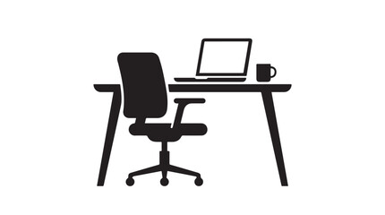 Fototapeta premium Minimalist Workspace Silhouette with Office Desk Chair Laptop and Coffee Mug on White Background