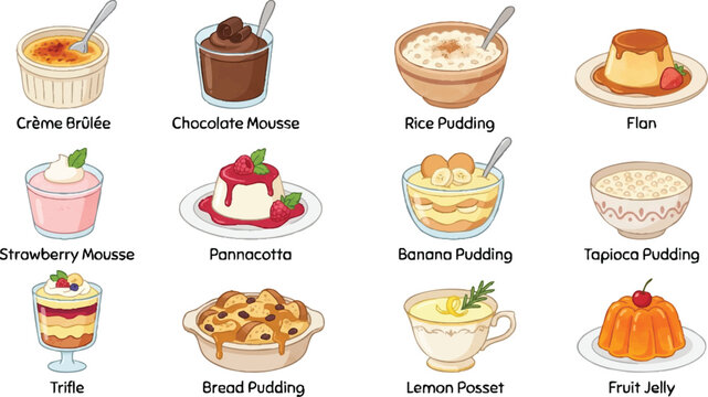 Variety of Desserts and Puddings Displayed.