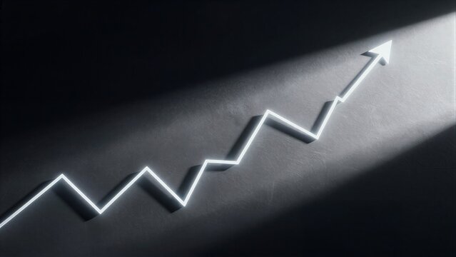 Bright line graph arrows upward on dark surface, symbolizing growth and progress.