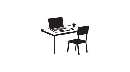 Fototapeta premium Minimalist Office Workspace Icon with Laptop Desk Chair and Coffee Mug Silhouette Illustration