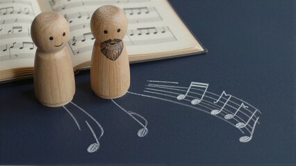 Naklejka premium Wooden figures beside musical notes and sheet music, evoking harmony and creativity.