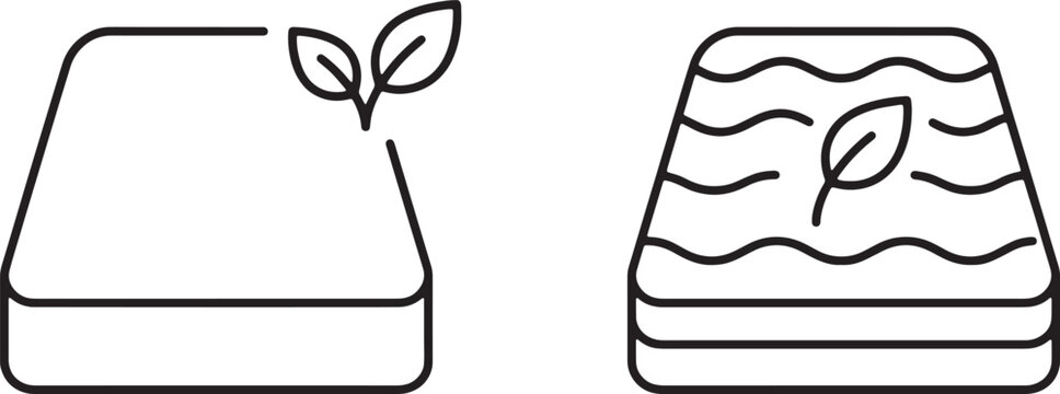 Art & Illustration, Organic towel layer and comfortable bed mattress line icon set. Soft fabric textile with leaf accent for spa and hotel.