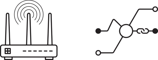 Fototapeta premium Art & Illustration, Wireless network router with antennas and digital data node connection line icon set. Internet wifi signal hardware device telecommunication.