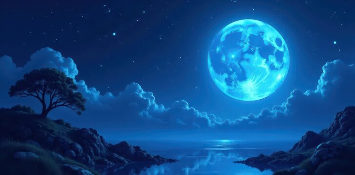 Enchanting blue moon cycle, whimsical vector shapes , artwork, fantasy