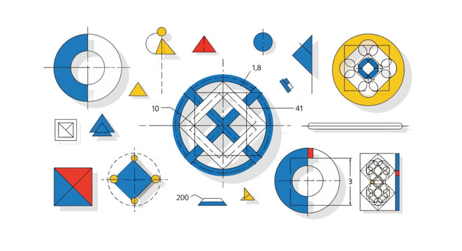 Geometric blueprint with colorful abstract shapes and technical diagrams